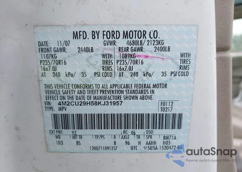 2008 Mercury Mariner Hybrid from USA, damaged, VIN 4M2CU29H58KJ31957